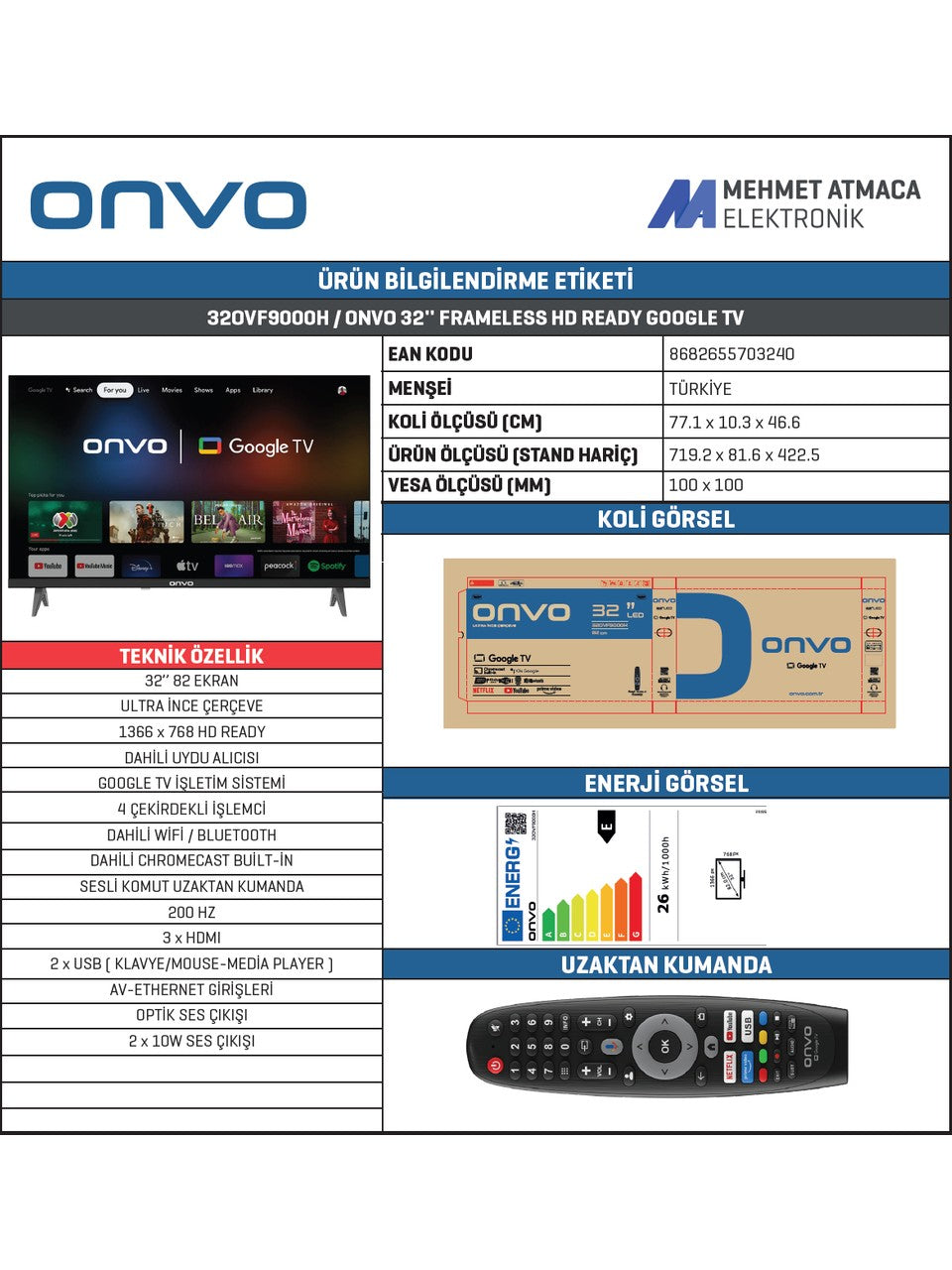 Onvo 32OVF9000H 32’’ 82 Ekran Uydu Alıcılı HD Ready Google LED TV