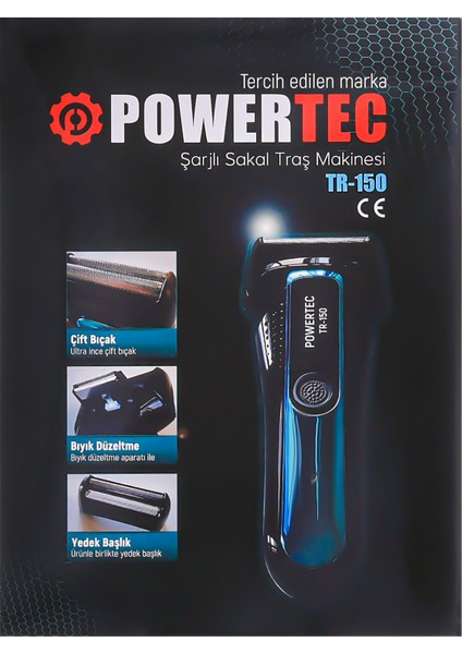 Powertec TR-150 Profesyonel Şarjlı Günlük Sakal Tıraş Makinesi Sinekkaydı Tıraş ve Erkek Bakım