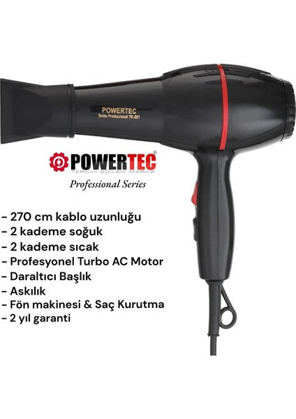Powertec TR-801 Profesyonel Saç Kurutma & Fön Makinesi - Siyah