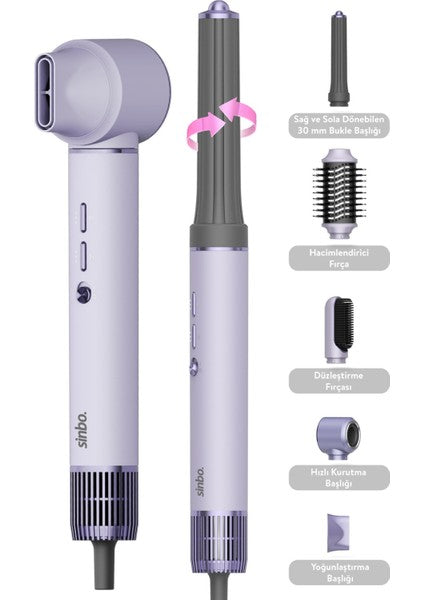 Sinbo Pro Airwrap Compact Uzun Multi-styler Hava Üfleme 5in1 Saç Şekillendirici Bldc Motor Shd-1719 -Mor